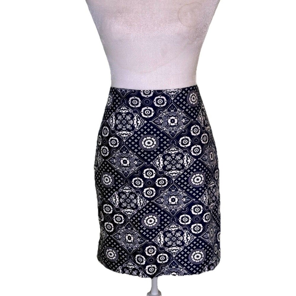 Talbots Womens Navy Stretch Boho Medallion Print Pencil Skirt Work Office Chic 6